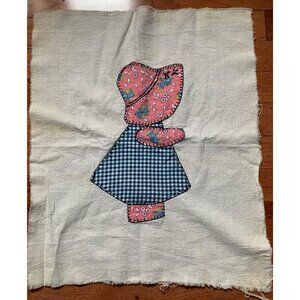 Vtg Sunbonnet Sue Quilt Square Applique Pink & Blue Gingham Stitch Sew Decor 16x